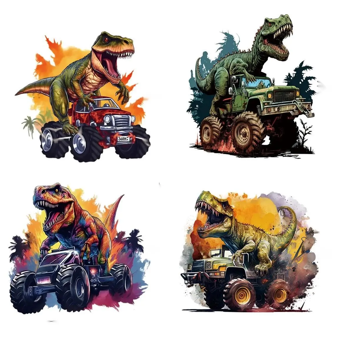 Truck Dinosaur Tyrannosaurus Rex Party Cartoon Animal Heat Transfer Stickers DIY Iron On Transfers For Clothing Handbag