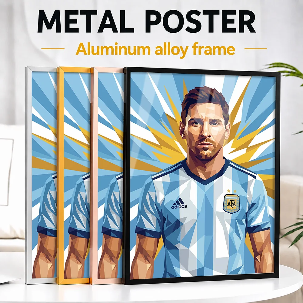 Retrato de Lionel Messi con su camiseta de Argentina, enmarcado en aluminio, póster metálico, arte geométrico personalizado para la sala de estar.