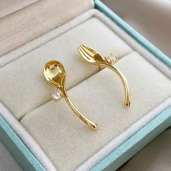 Luxury Simple Ladies Stud Earring 14K Gold Plated Exquisite Inlaid Zircon Hip Hop Creative Spoon Fork Women Christmas Party Gift