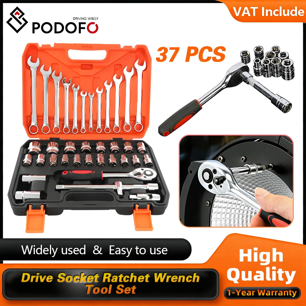 Podofo Kit d'outils à cliquet et douilles de 37 pièces, jeu de clés à douille, outils à main pour réparation automobile, douilles à bougie de 1/2 pouce, douilles courtes et profondes, clés hexagonales, rallonge à joint universel, barre en T coulissante, outils à main pour bricolage domestique et petites réparations