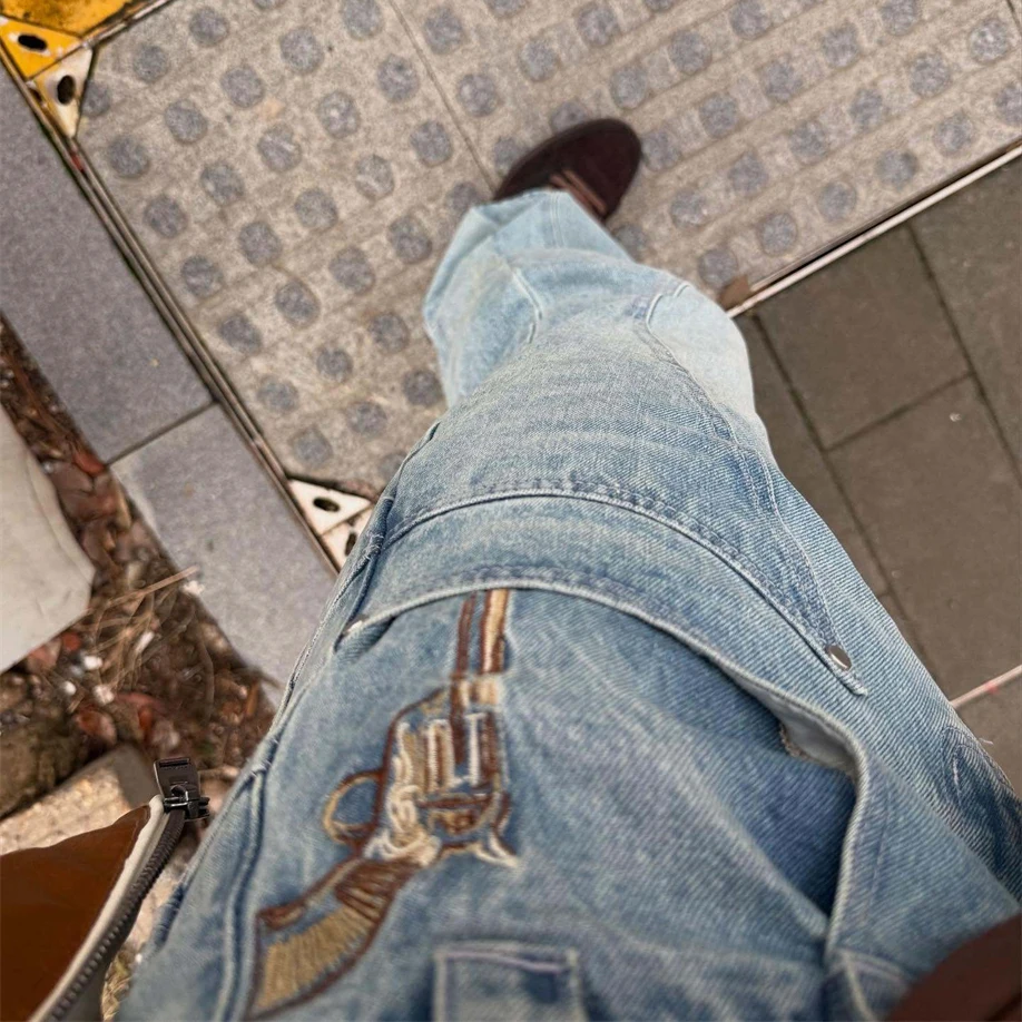 

Джинсы Vescartes Wild West с быстрой вышивкой, парные, из денима, с эффектом потертости, широкие прямые штанины, весенняя коллекция, естественная талия