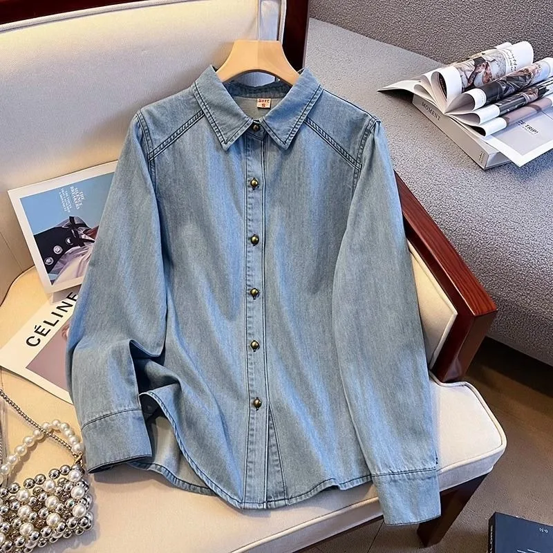 

Denim Shirts for Women 2025 Spring and Autumn New Style Small People Layered with Long-sleeved Tops
