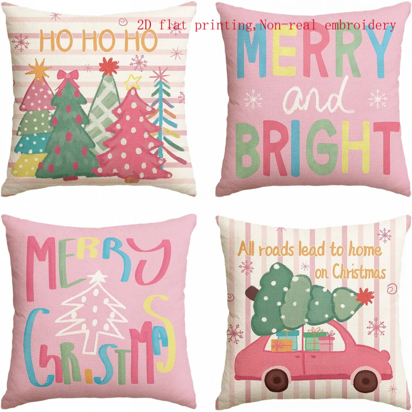 4pcs Pillowcase [2D Flat]Christmas Trees Merry & Bright Colorful Throw Pillow Covers, Holiday Truck Gift Snowflake Cushion Case