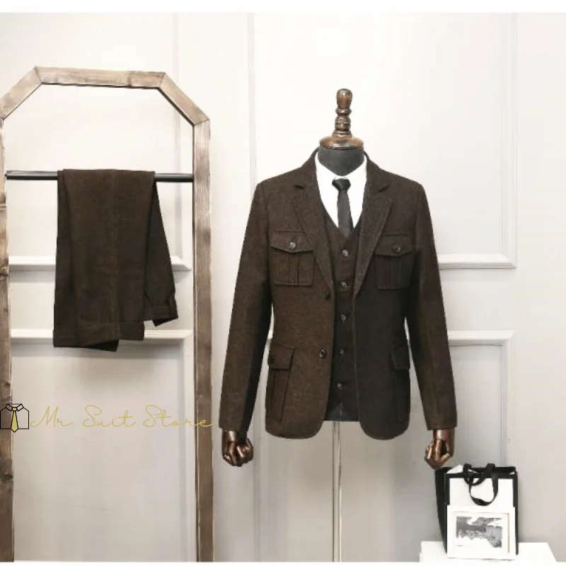 بدلة رجالية سفاري سترة البدلة 3 قطعة مجموعة واحدة الصدر متعرجة الأعمال عادية سليم صالح دعوى الزفاف بريطانيا نمط جديد