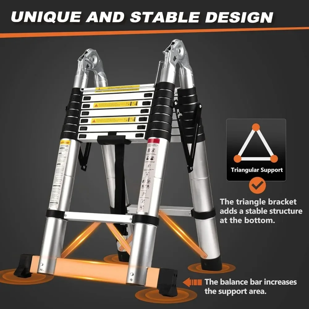 Expansion ladder A frame,16.5-foot compact aluminum extension ladder,used for outdoor camping RVs,with stabilizer bar,330 pounds