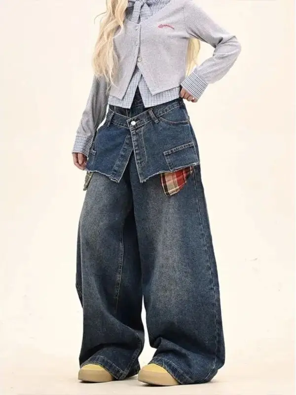 High Waist Patchwork Curved Knife Pants Double Waist Head Spliced Straight Leg Trousers Casual Plaid Women's Loose Fit Trousers