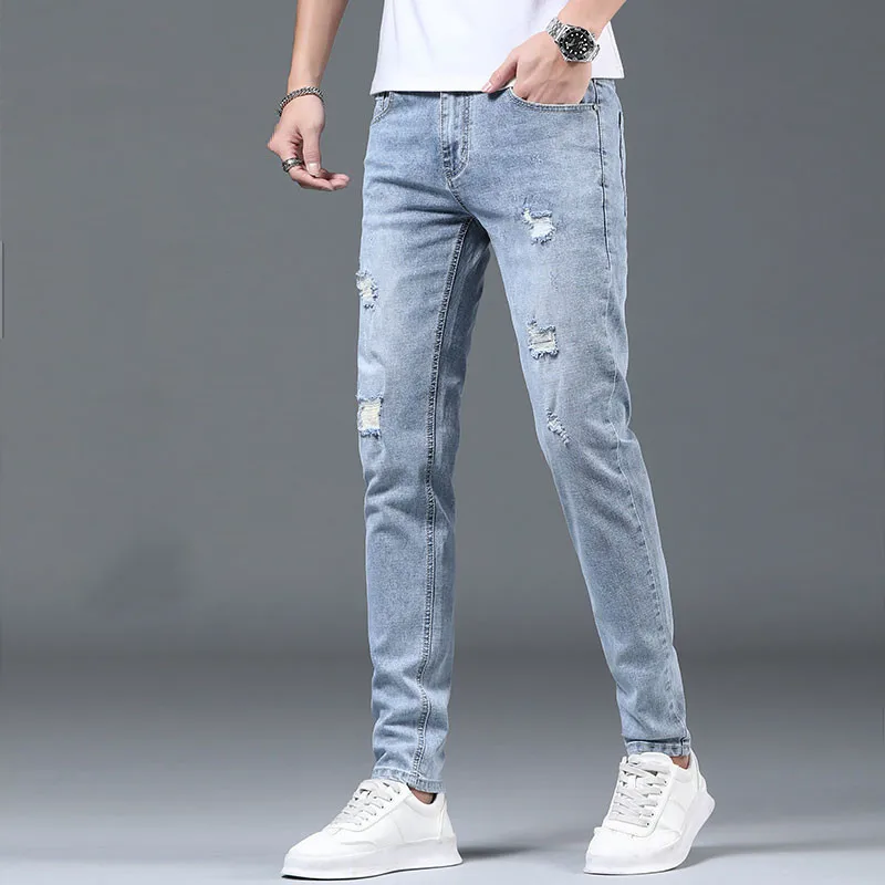 Spring Summer Stylish Korean ripped hole Stretch Men\'s Slim Work Denim Pants with Distressed Design Blue Casual Jeans Luxury Men