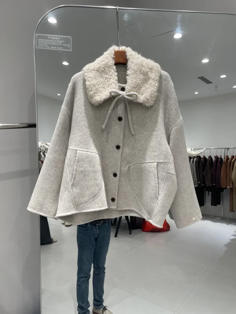 Loose Fit Woolen Jacket Women's Short Casual Style Plush Collar Coat Purple Color Comfortable Warmth Handmade Stitching