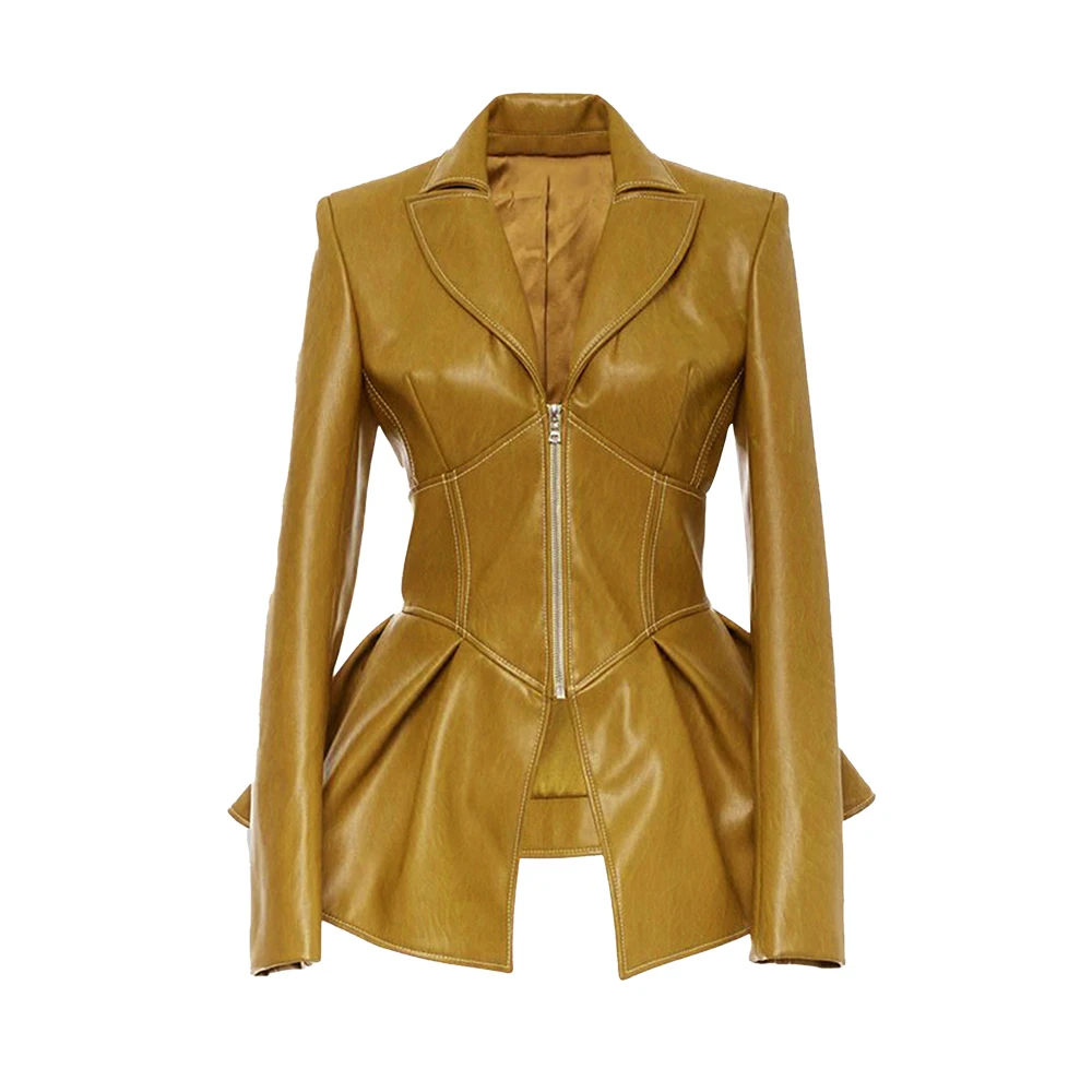 Dámská motorkářská bunda z umělé kůže, pevná, na zip, klopa, slim fit, s dlouhým rukávem, módní pu kožené svrchní oblečení, dámské bundy pro ženy - náhled 3