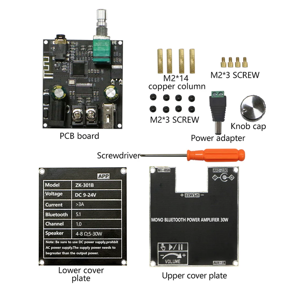 ZK-301B Mono 30W Mono Audio Power Amplifier Module DC9-24V Bluetooth-Compatible 5.3 Sound Amplifier Board for DIY BT Speaker Kit