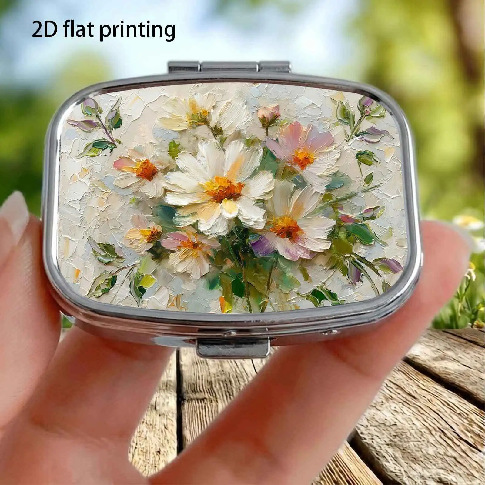 Fresh Watercolor White Daisy Wildflower Floral Hand-Painted Pattern, Small Square Pill Organizer with Two Compartments, Portable Medicine Storage, Can Also Be Used as a Household Portable Organizer, Decorative Box, Perfect for Handbags, Wallets, and Travel, Metal Storage Box, Small Jewelry Organizer, Ideal for Holiday Gifts, Souvenirs, Prizes, and Small Gifts
