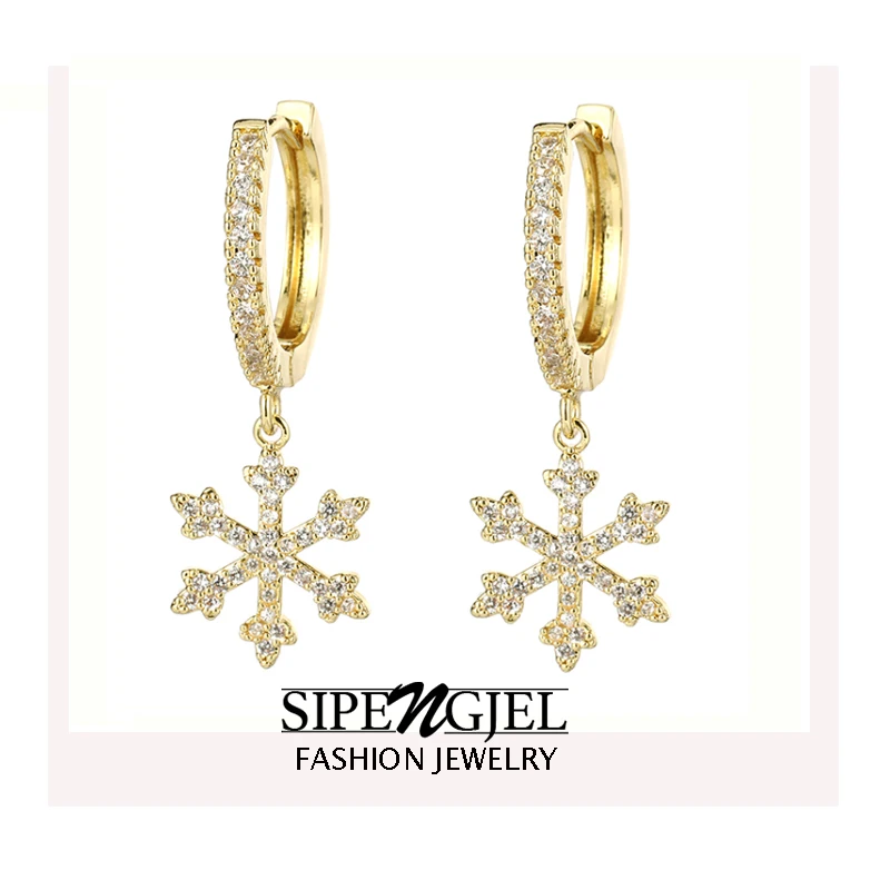 SIPNEGJEL Christmas Dangle Earrings for Women Cubic Zircon Snowflake Earrings Gold Color Hoop Earings TrendyJewelery 2022