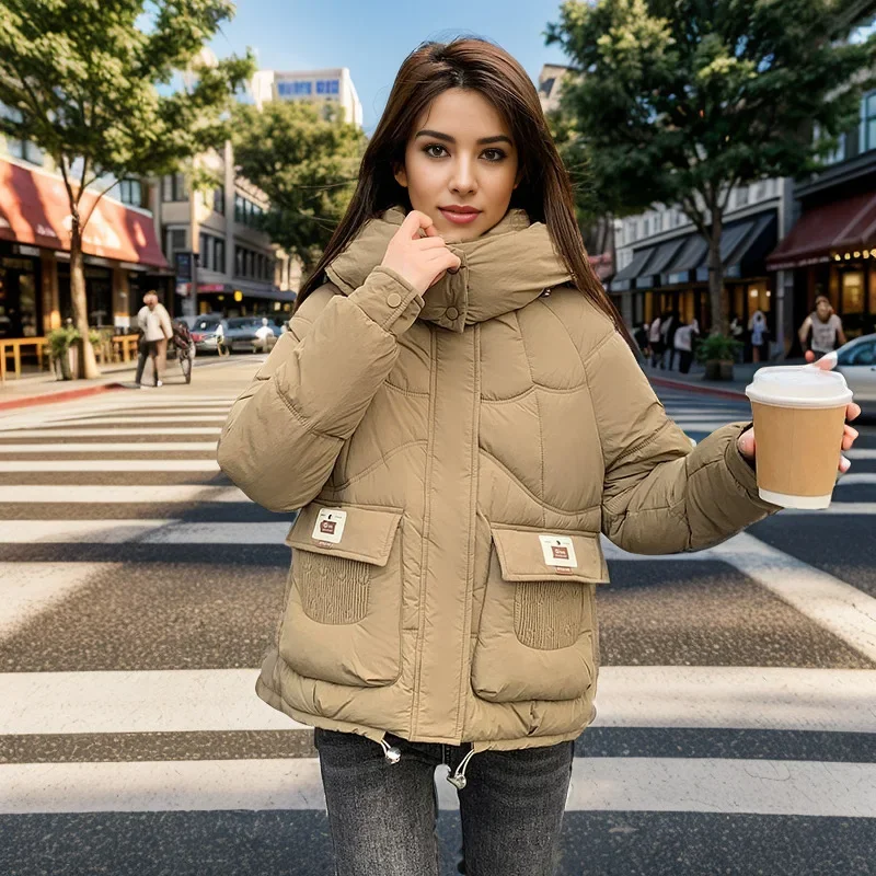 2024 New Women's Denim Splicing Down Jacket Autumn Winter Warm Jackets  Down Cotton Coat Female Cold Hooded Parker Outerwear