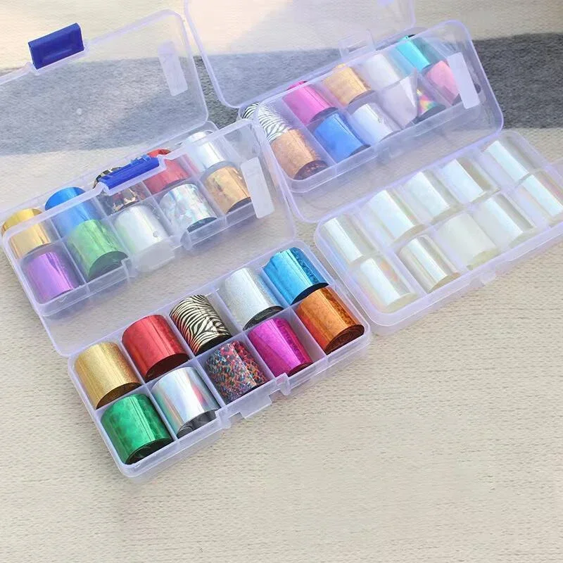 10 ロールネイル転写箔紙セットホログラフィック & トロピック星空粘着デカール花の形のマニキュアネイル装飾アクセサリー