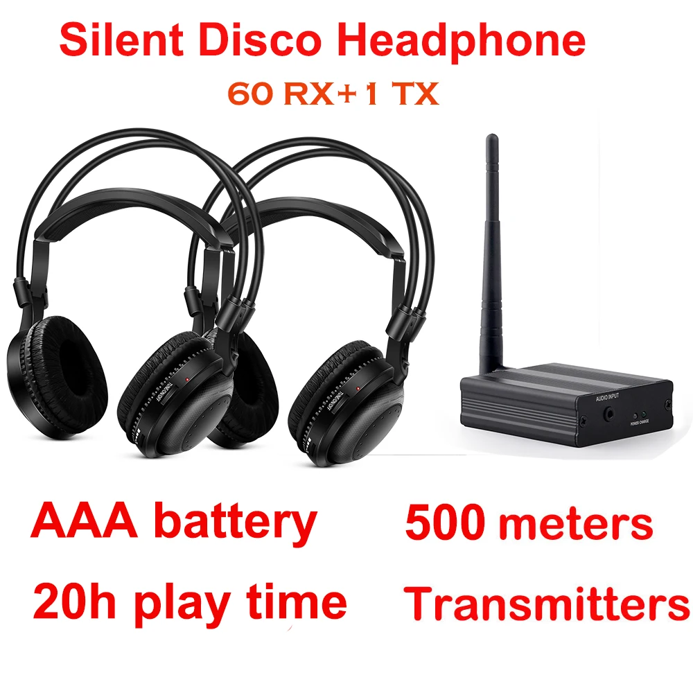 Most Professional Silent Disco Set System Wireless Headphones - Quiet Clubbing Party Bundle (60 Receivers + 1Transmitter)