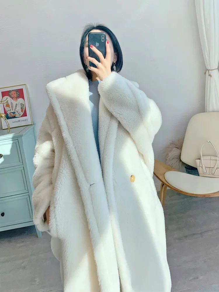 New Warm Real Fur Teddy Bear Coat Women Long Vintage Thick Teddy Alpaca Fur Coat Fashion Turn-down Collar Loose Wool Coat Winter