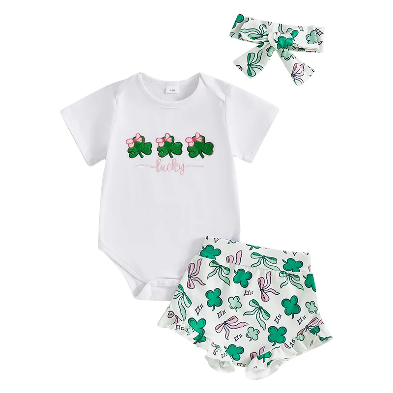 Pakaian bayi perempuan, baju monyet lengan pendek bordir dengan motif Shamrock dan bandana