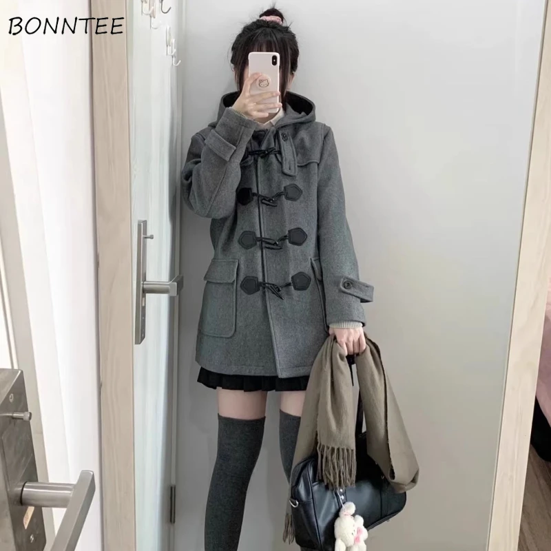 Horn Button Blends for Women JK Japanese College Style Hooded Thickened Outwear Autumn Winter Casual All-match Harajuku Chic