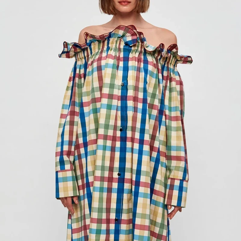 Fashion Check Pattern Print Party Dress Sexy Off Shoulder Loose Holiday Dress Women Elegant Ruffled Edge Hight Waist Long Dress