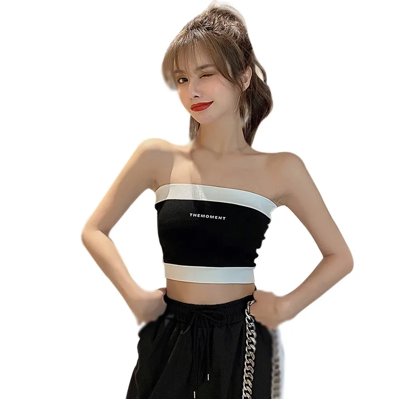 Women's Colorblock Tube Crop Top Sleeveless Strapless Fitted Summer Bandeau Crop Tops