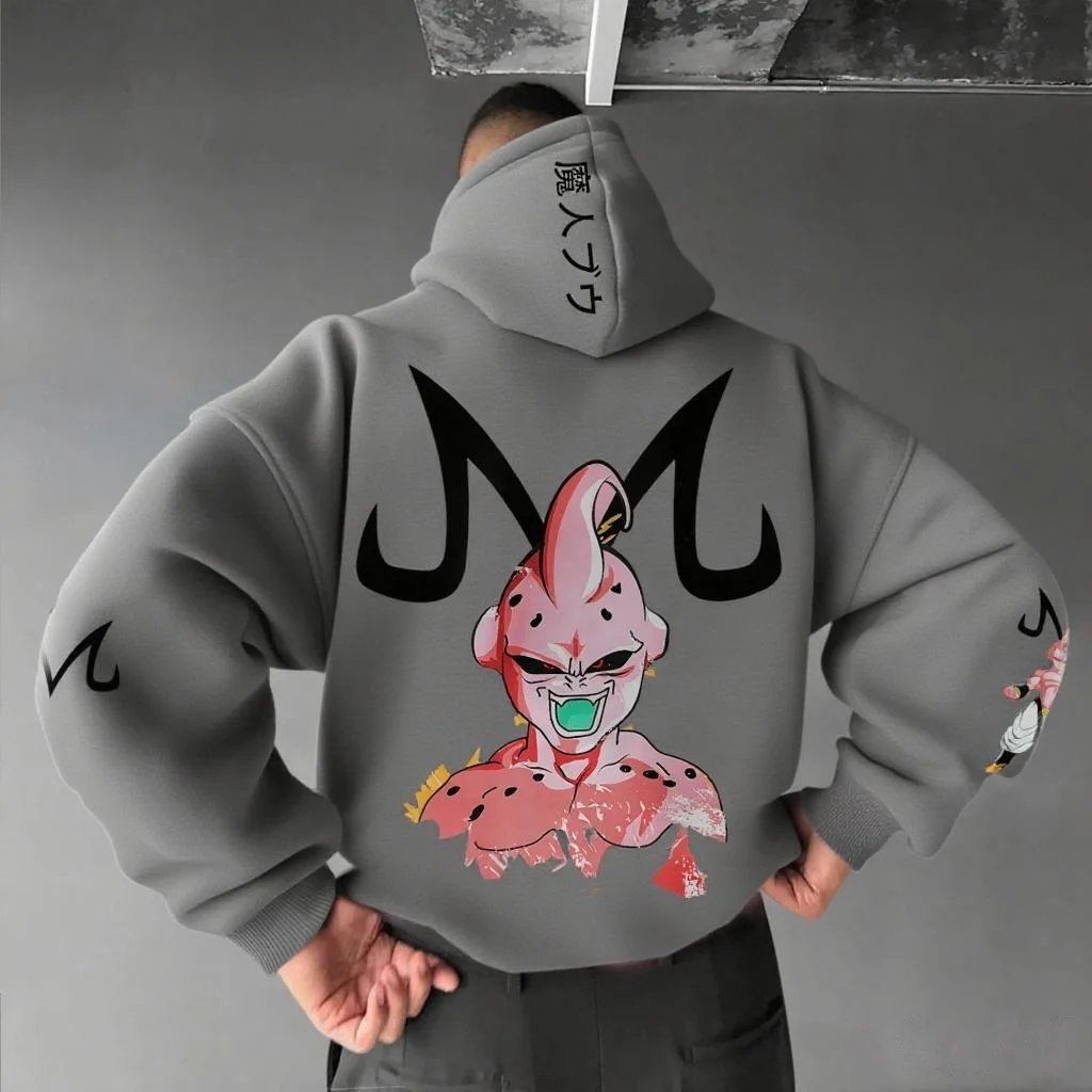 Majin buu conjunto de calças com capuz anime algodão solto ajuste unisex impressão gráfica streetwear moletom casual corredores personagem dos desenhos animados