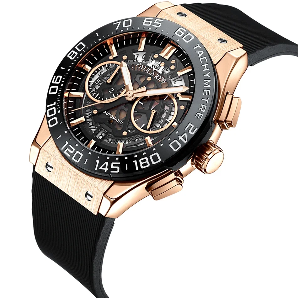 Luxury Chronograph Skeleton Ceramic Bezel Blue Luminous Automatic See Through Luxury Rose Gold Titanium Rubber Men Quartz Watch