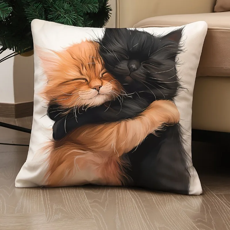 Charming Cat Hug Throw Pillow Cover 18x18 Inches Soft Durable Polyester Zip Closure Machine Washable  Home Office Party Decor