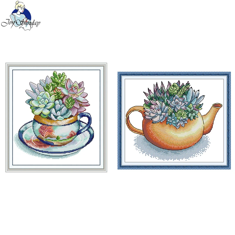 

Teacup Succulent HD Pattern Counted Printed Fabric Canva Aida 16CT/14CT/11CT DIY Embroidery Kit Joy Sunday Cross Stitch Kit
