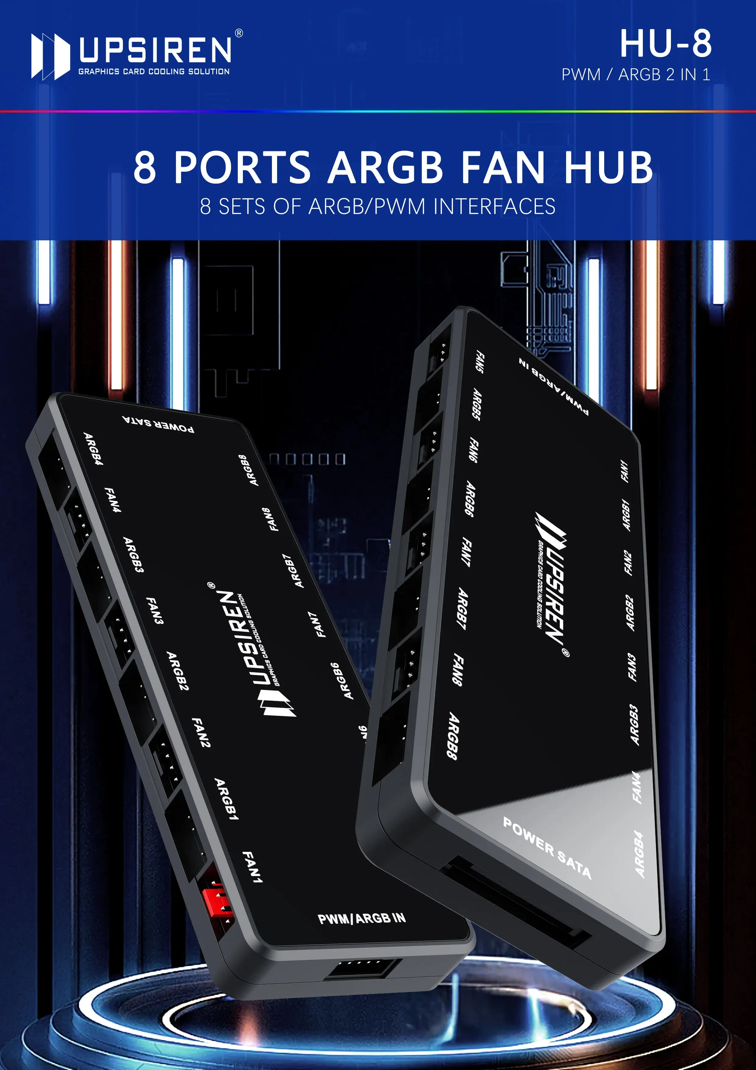 UPSIREN HU-8 Chassis Fan Hub，Support motherboard synchronization，Bottom magnetic design，8 Sets of ARGB and PWM Interfaces