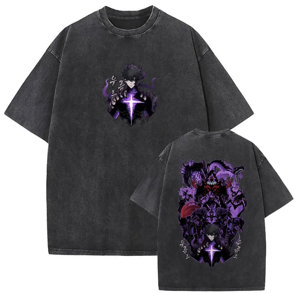 

Anime Solo Leveling Sung Jin Woo Vintage Washed T-shirt Shadow Monarch Tshirt Men Women Clothing Casual Oversized Cotton T Shirt