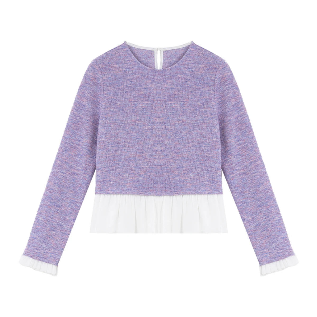 VIMLY Lilac Knitted Women's Sweater 2026 Spring New Crew Neck Contrast Patchwork Ruffle Pullover Daily Casual Jumpers A3583