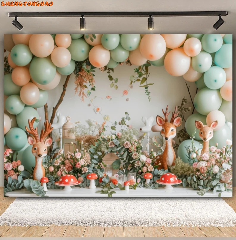 Фон для фотосъемки сафари в джунглях, дикие животные, воздушные шары, новорожденный ребенок, первый день рождения, вечеринка, торт, разбивающий фон, реквизит для фотостудии