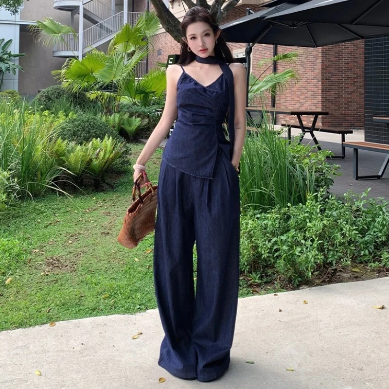 

Hong Kong Style Retro Denim Halter Top High Waist Wide Leg Pants Set Women's Summer Fashion Set Two Piece Suit Female