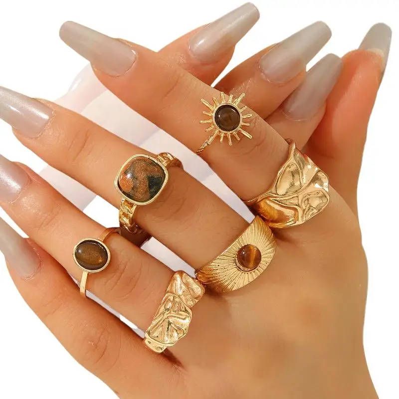 6pcs Tiger Eye Stone Ring Set For Women Vintage Irregular Gold Color Aesthetic Open Rings Fashion Party Jewelry Gifts