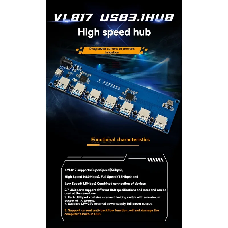 

Superb VL817 USB3.1 HUB Module High-Speed 1-To-7 Port USB HUB TYPE-C Withcurrent Backflow Prevention Function
