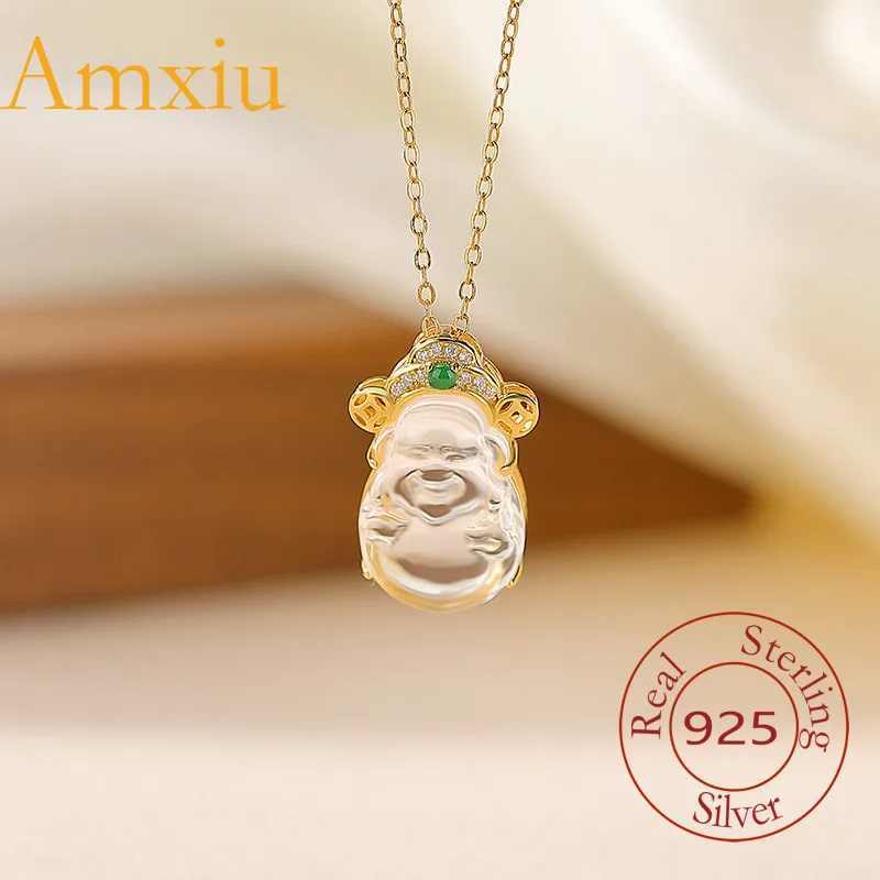 Amxiu Sterling Silver 925  White Crystal  Gold-Plated God Of Wealth  Three-Dimensional New Chinese Style Silver Pendant