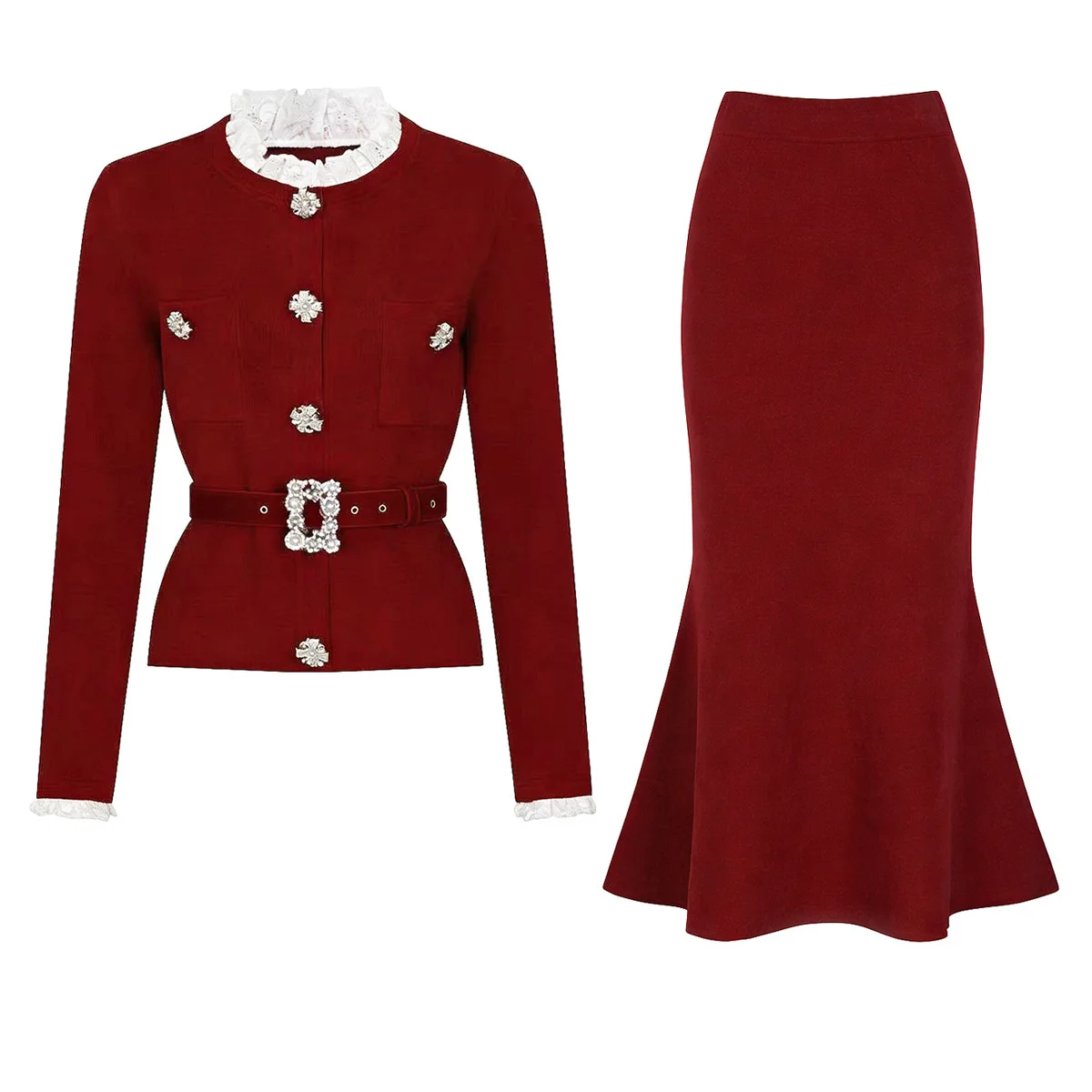 

Brand Quality Spring Autumn Knitted Two Piece Set Women Single Breasted Diamond Cardigans Sweater Long Fishtail Skirt Suits