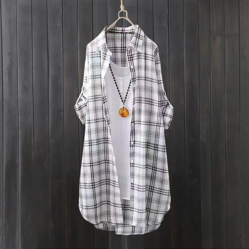 Plaid shirt women's summer long loose large size top long-sleeved cotton and linen shirt sun protection shirt thin jacket view 2
