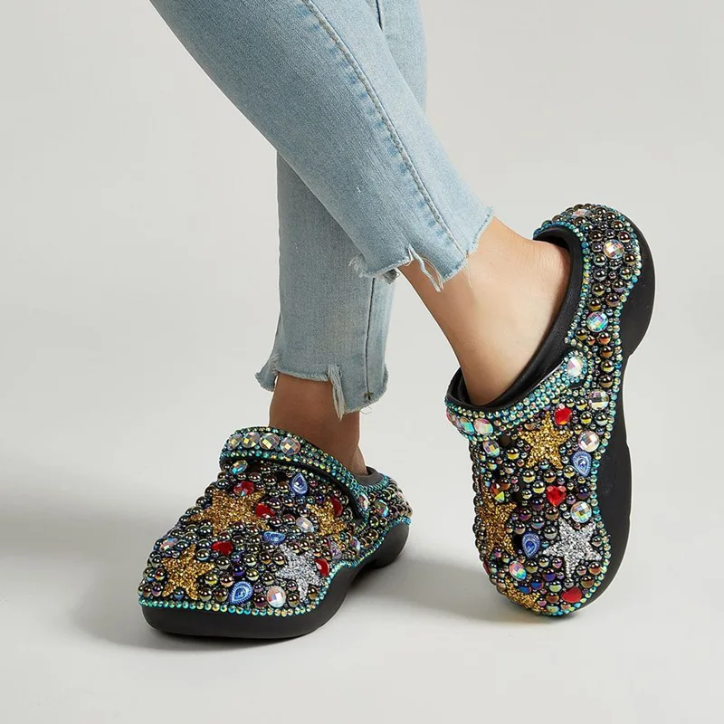New Handmade Original Women's Shoes Brand Fashion Diamond-encrusted Thick-soled EVA Hole Shoes Trendy Women's Drag