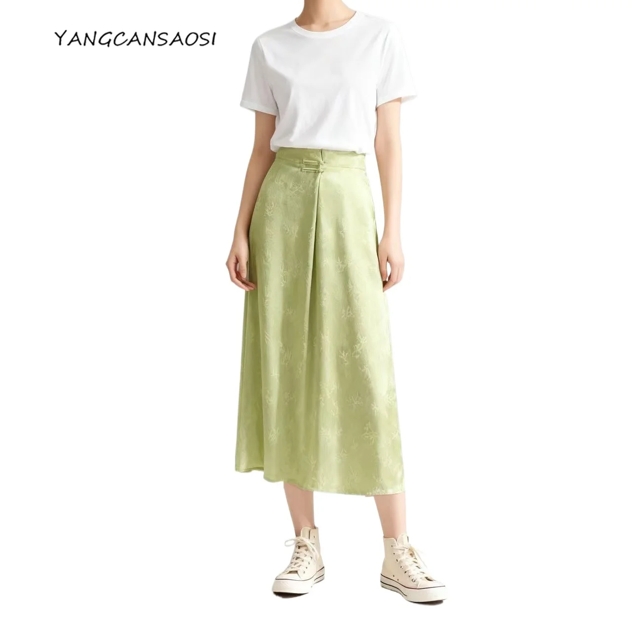 

Women's Fashion Autumn Clothing Bamboo Leaf Print 100% Natural Mulberry Silk HuaLuo Plate Buckle Design Back Slit Casual Skirt