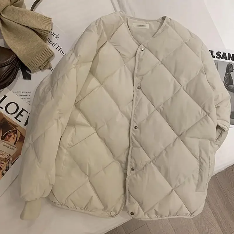 Vintage Cropped Quilted Jacket Women Old Money Fashion Winter Warm Lightweight Padded Jackets Chic Elegant Korean Style