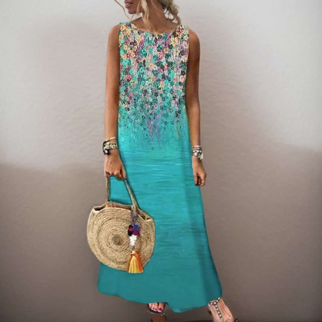 Vintage, w kwiaty drukowane kobiety bez rękawów Sundress lato luźna Casual plaża długa sukienka panie czechy Maxi sukienki Party Vestidos