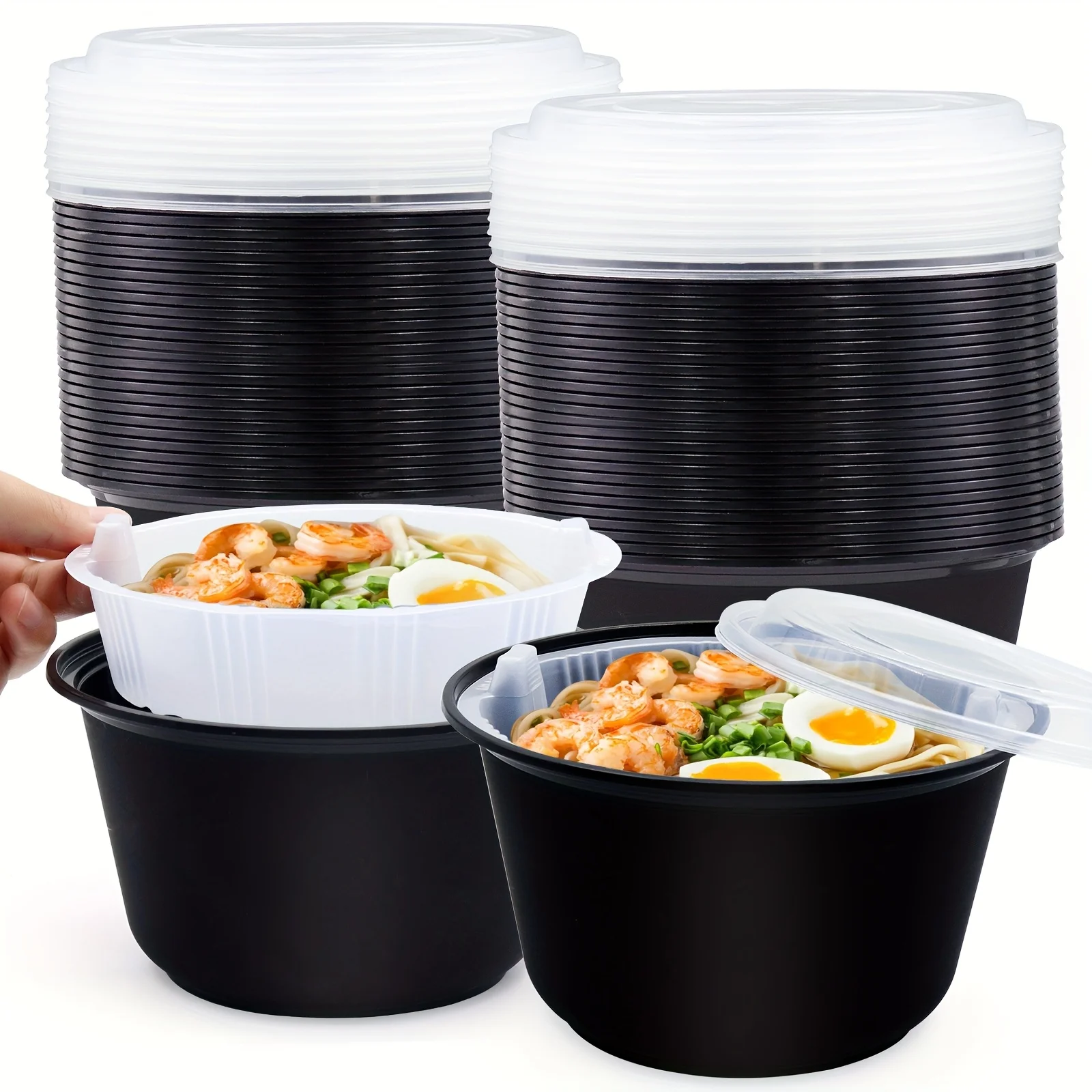 

150pcs Stackable Lunch Containers with Compartments, Ramen Bowls Reusable Disposable Salad Lunch Containers, Microwave