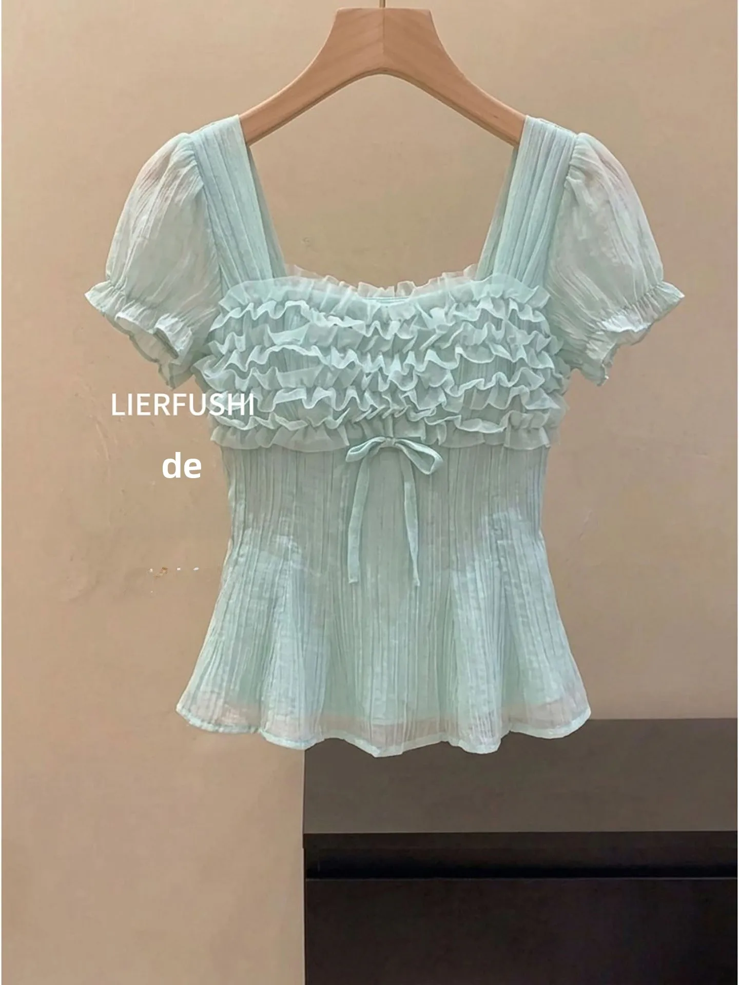 Blue Square Collar Short Sleeve Shirt Women's Summer Design Sensation Waist Cinch Bubble Sleeve Top Casual Style Universal Fit
