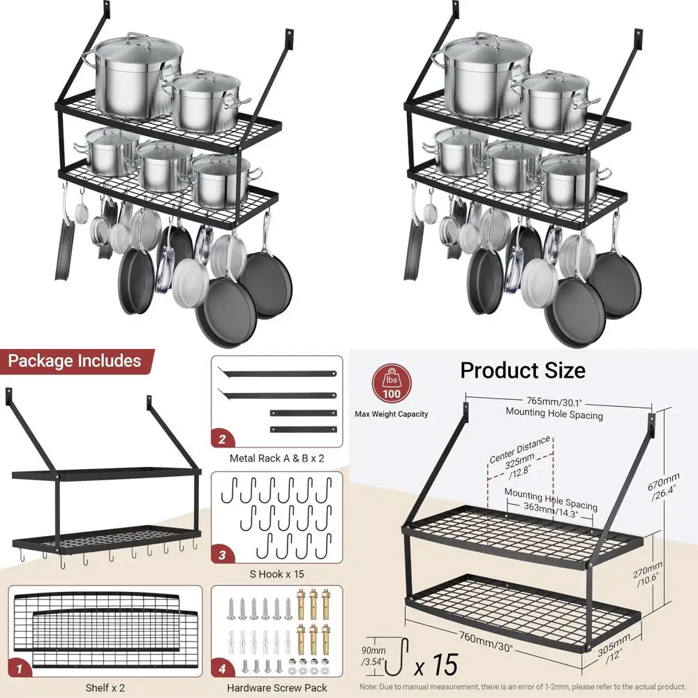

30-Inch Matte Black Wall Pot Rack - 2-Tier Iron Shelf with 15 Hooks for Kitchen Storage