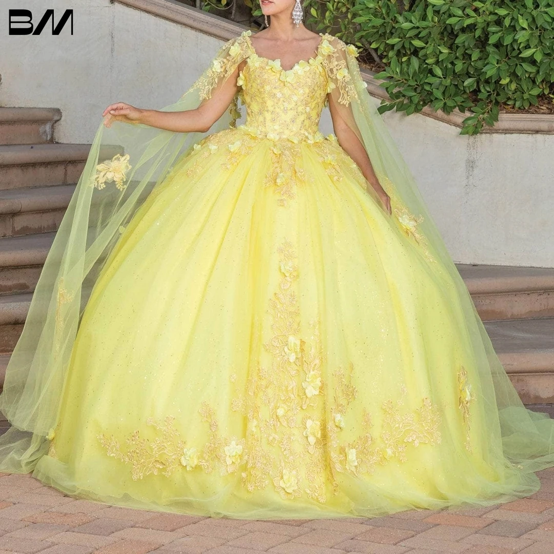 ดอกไม้ปักแขนกุด Quinceanera ชุดค็อกเทล Cape Sleeve Vestidos De Baile แขนกุดชุด