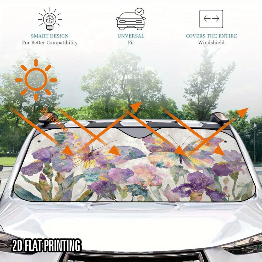 2D Flat, 1pc 2D Flat Butterfly Dream Print Car Sunshade - Stylish & Cool, Foldable Design With 4 Suction Cups For Easy Installat