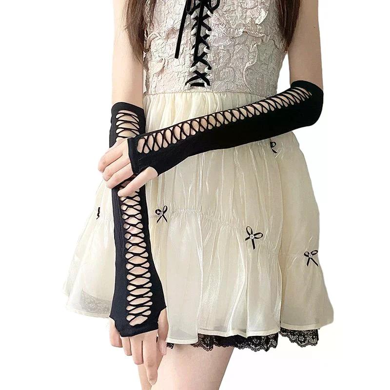 Gloves Women Elbow Length Punk Elastic Fingerless Touch Screen Mittens Cutout Cross Mesh Cosplay Party