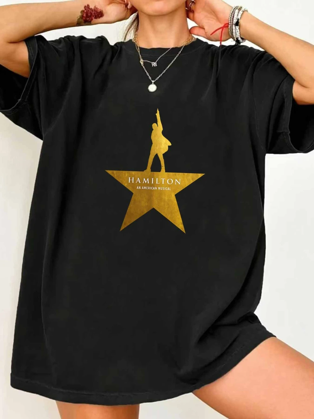 Camiseta Gráfica de Hamilton para Mujer, Negra, Manga Corta, Informal, Verano, Silueta de Estrella Dorada, Elástica, para Fanáticos del Teatro