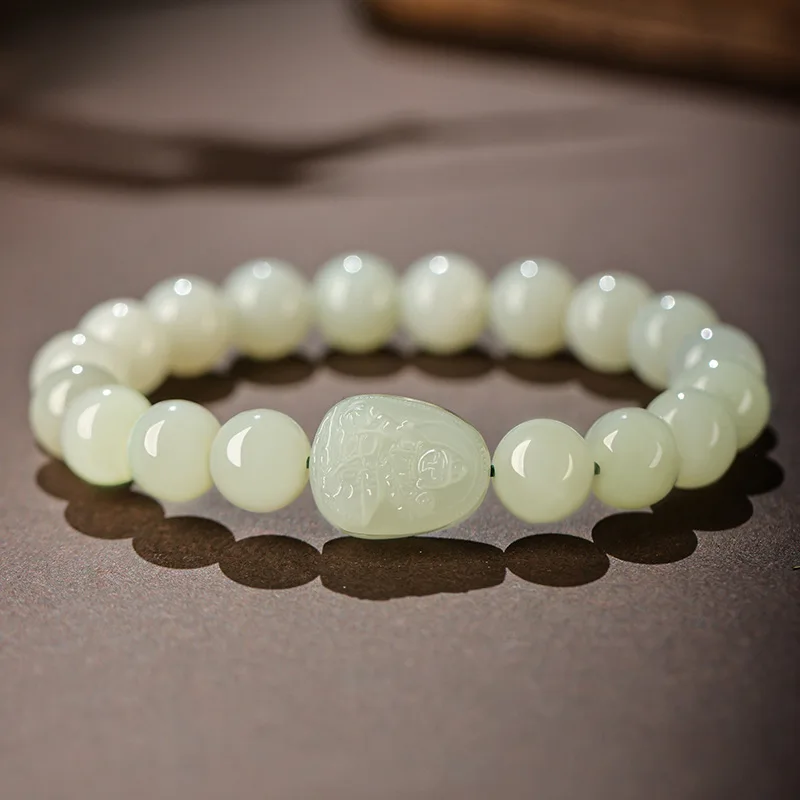 Natural Hetian Jade Bracelet Women, Featuring Zodiac Sign Of Snake And Of The Bodhisattva Samantabhadra, A